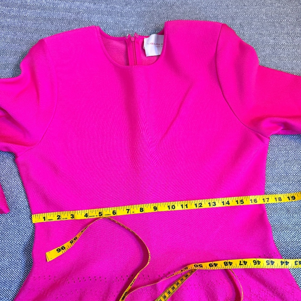CAROLINA HERRERA - Bright Pink Knit Fit and Flare Dress with Perforated him - Picture 6 of 6